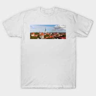 View from Toompea of the Lower Town, Old Town with Olai's Church or Oleviste Kirik, and a tower of the city wall, Tallinn, Estonia, Europe T-Shirt